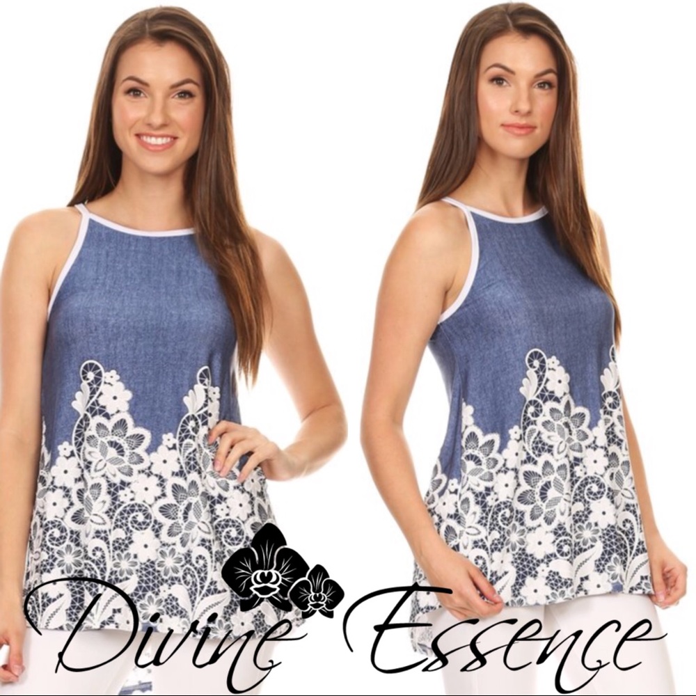 Denim Embroidered Halter Top